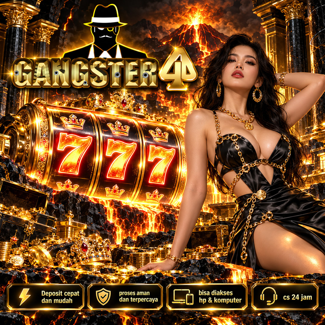 Poster GANGSTER4D berlatar gunung berapi, pilar emas, dan karakter berkostum hitam